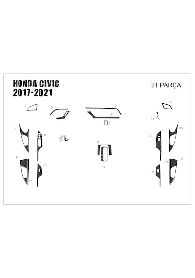 Honda Civic Torpido Kaplama 2017-2021 21 Parça Koyu Meşe