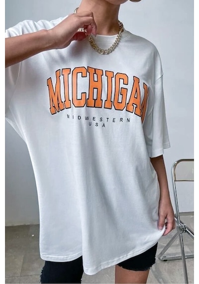 Blackjack Giyim Blackjackgiyim Kadın Beyaz Oversize Michigan Baskılı Tshirt Beyaz