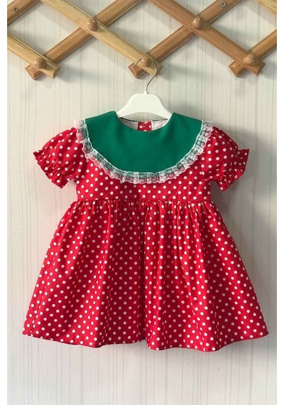 Yeşil Krep Yaka Dantel Detaylı Kız Çocuk Bebek Çilek Pamuk Elbise 001
