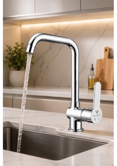 Elvora Jival Lüx U Borulu Mutfak Evye Bataryası Gümüş Krom