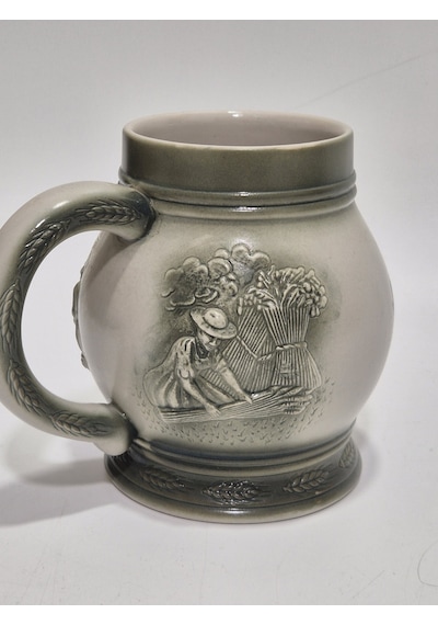 Vintage Tankart Hasat Zamanı Temalı Alman Seramik Bira Bardağı 13,5cm