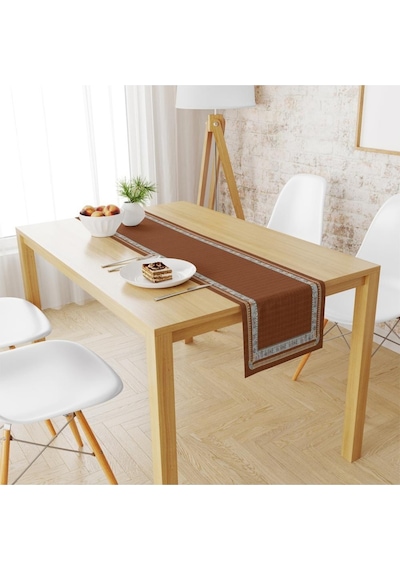 Kahverengi Runner 140x45cm Ince Keten, Uluslararası Yıkama Ve Solmama Sertifikası Çok Renkli