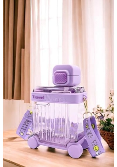 Tr Valiz Tasarımlı Matara 650 Ml, Pipetli Askılı, Kırılmaz Çocuk Okul Suluğu, Mor, Bpa Free Genel