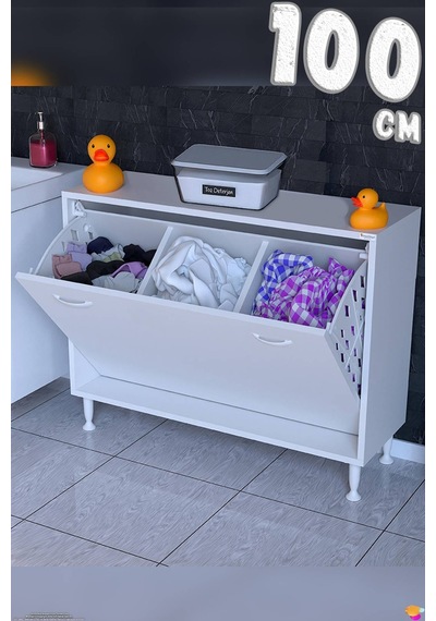 Söke 100 Cm 3 Gözlü Kirli Çamaşır Sepetli Çok Amaçlı Banyo Dolabı Beyaz