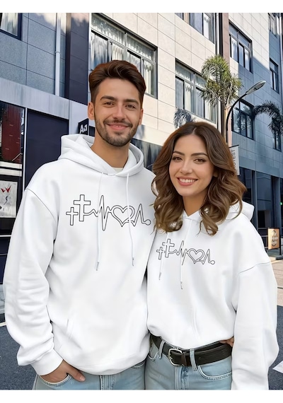 Nevermind Heartbeat Baskılı Hoodie Sweatshirt Kapüşonlu Unisex Çift Kombi Beyaz
