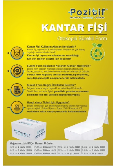 5,5x24 Kantar Fişi 2 Nüsha 2000 Adet , Beyaz Otokopili Sürekli Form 5,5x24 Cm