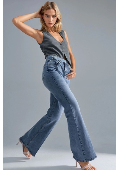 Hiccup Squalo Yüksek Bel Paça Genişleyen Kot Pantolon Orta Mavi Denim