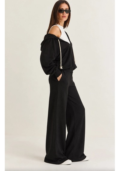Mevese Kadın V Yaka Sweatshirt, Kolsuz Atlet Ve Yüksek Bel Wide Leg Pantolon Üçlü Spor Şık Takım- Siyah