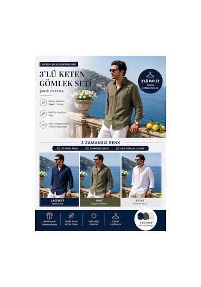 Baselco Amalfi Muslin Oversize Gömlek - Basic Fresh Lacivert+haki+beyaz