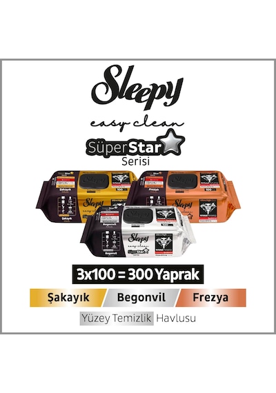 Sleepy Easy Clean Süperstar Yüzey Temizlik Havlusu Mendili Begonvil+frezya+şakayık 3x100 300 Yaprak Beyaz