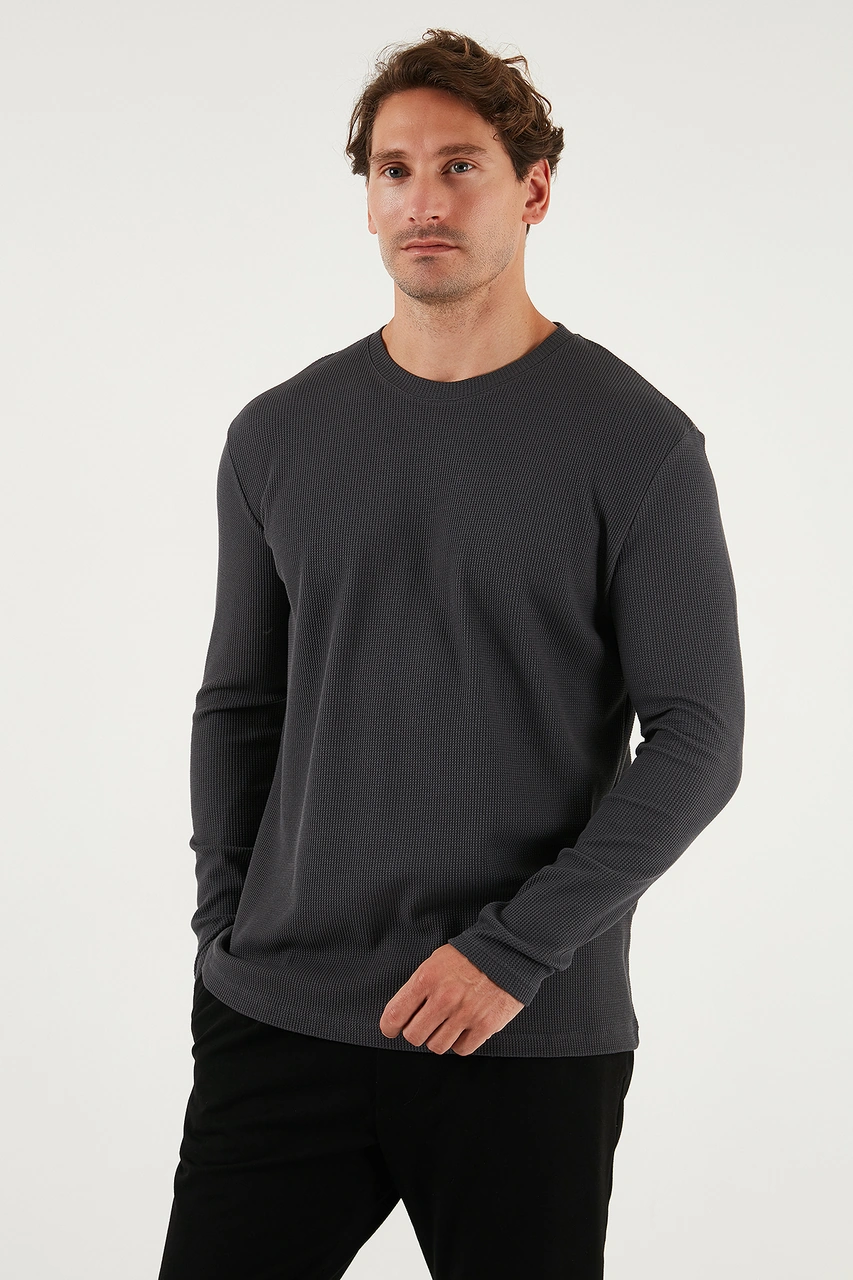 Buratti Pamuklu Bisiklet Yaka Slim Fit Basic Erkek Sweat 5905073S2 Antrasit-Açık Haki