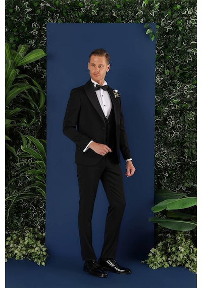 Efor Black 070 Slim Fit Yelekli Çıkarılabilir Saten Yaka Siyah Damatlık Smokin Takım Siyah
