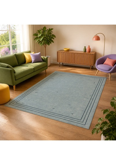Kartela Halı Eskitme Çizgi Bordürlü Halı Mavi Kaymaz Taban Makinede Yıkanabilir 100x150 Cm