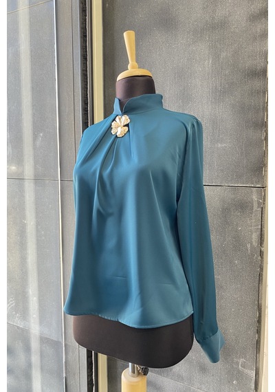 Pera Moda Gold Broş Detaylı Şık Bluz Gömlek Petrol Yeşili