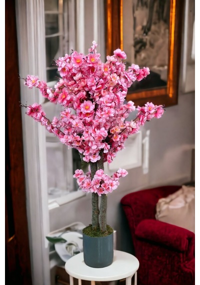 Yapay Çiçekçiniz Beyaz Renkli Saksıda Sonbahar Renkli 100 Cm Yapay Japon Bahardalı Ağacı Pembe