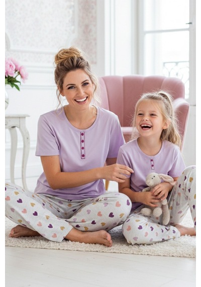 Siyah İnci Lila Desenli Pamuklu Bisiklet Yaka Örme Pijama Takım 26117097
