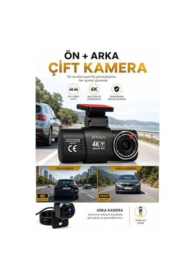 4k Araç İçi Kamera İki Kameralı Gece Görüşlü Wifi Gps 24 Saat Park Modu G Sensör