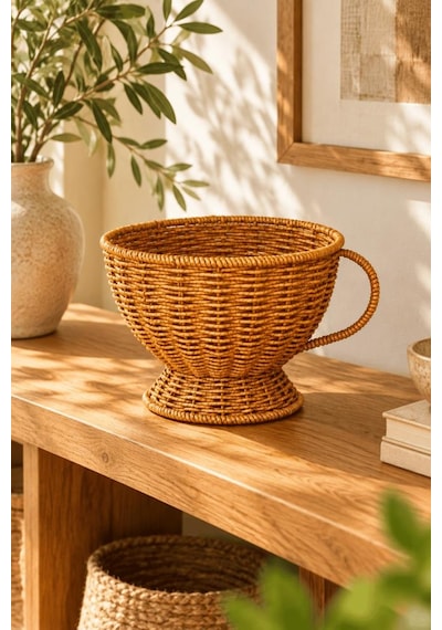 Atbyhome Büyük Boy Doğal Hasır Rattan Kupa Sepet 20x16 Cm - Kulplu Ayaklı Masa Üstü Ekmeklik Ve Meyvelik Kahverengi
