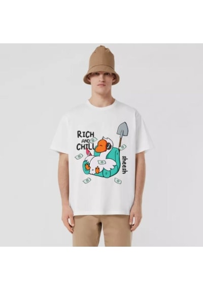 Flood Of Style Erkek Beyaz Rıch And Chıll Baskılı Oversize Bisiklet Yaka Tshirt