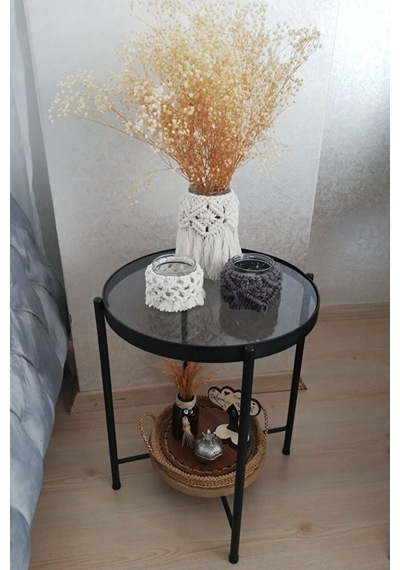 Nordic Yan Sehpa Temperli Cam 40 Cm Demonte Çizilmez Kırılmaz Metal Çerçeve Raflı Minimalist Sehpa - Atlantik Çam Atlantik Çam