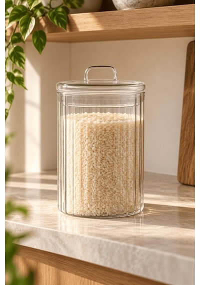 Atbyhome Kulplu Borosilikat Cam Kapaklı Çizgili Cam Kavanoz 1400 Ml - Vakumlu Erzak Ve Bakliyat Saklama Kabı Şeffaf