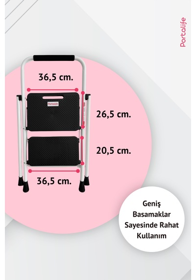 Portalife 2 Basamaklı Uzun Tutacaklı Şık Beyaz Çelik Merdiven - Katlanır 100 Cm'ye Kadar