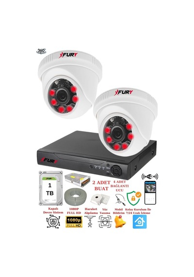 Fury 2 Kameralı 5mp 3.6mm Lens 2mp Görüntü 6 Atom Led Gece Görüşlü Fullhd Güvenlik Kamerası 1412a 1 Tb