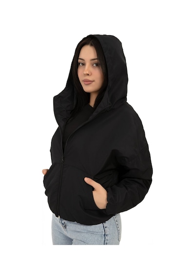 Kadın Siyah Kapüşonlu Su Ve Rüzgar Geçirmez Cepli İçi Astarlı Oversize Yağmurluk Siyah