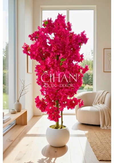 Fuşya Begonvil Yapay Ağaç 180 Cm 30x30 Beyaz Plastik Küre Saksılı
