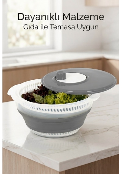 Katlanabilir Salata Kurutucu - Süzgeç Ve Kase Seti - 3 Ü 1 Arada 4.5 Litre Gri