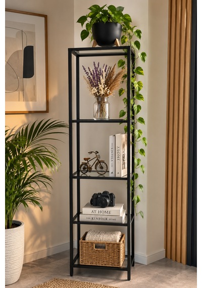 Teknor Siyah Çerçeveli Füme Cam Modern Salon Kitaplığı 40 Cm