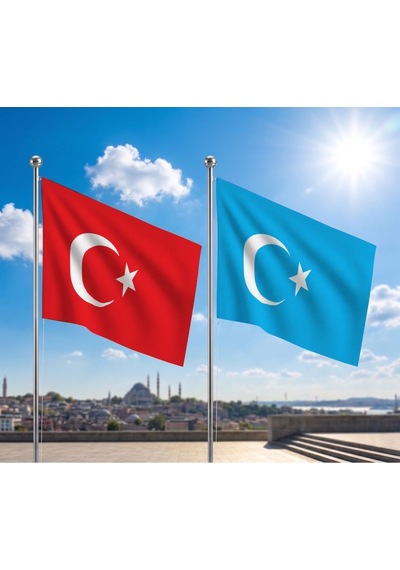 Doğu Türkistan Bayrağı Ve Alpaka Kumaş Türk Bayrağı 2'li Set 70x105cm Diğer