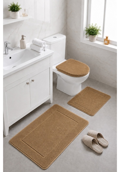 Kahve 3'lü Banyo Halısı Paspası Seti Kaymaz Tabanlı Yıkanabilir Klozet Takımı Venisa