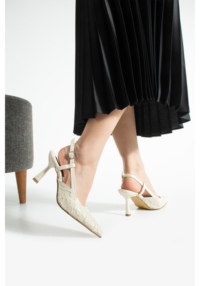 Lebibe Shoes Lısa Kadın Ekru Sivri Burun 7 Cm Topuklu Çiçek Dantel Desenli Rugan Slingback Ayakkabı