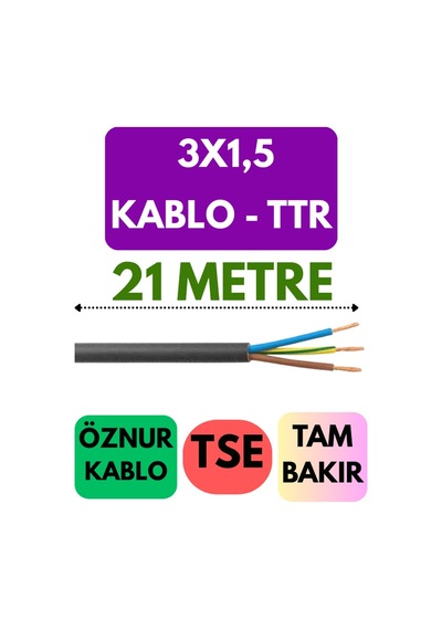 Öznur 3x1,5 Ttr Kablo Metre Seçenekli Siyah - 21 Metre