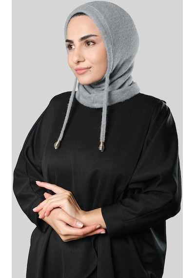 Hürrem Bone Gri Bağcıklı Peluş Balaklava Boyunluklu Bere Jakar Düz 2327 15 Gri