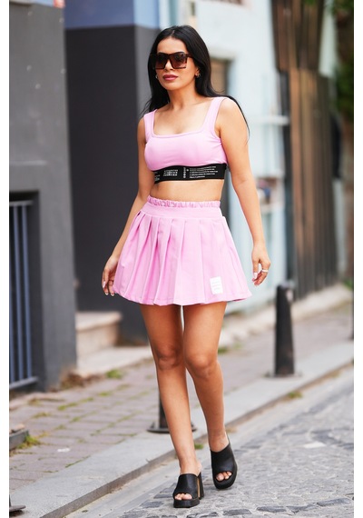 Canım Kendim Store Pembe Çizgi Detaylı Yelek Ve Etek İkili Takım Pembe