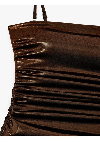Koton Çıkarılabilir Askılı Drapeli Varak Baskılı Parlak Straplez Mayo Bronz 6sak20076mm Çok Renkli