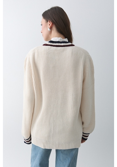 Laluvia Krem - Bordo Renkli Cepli Hırka - 241143 Krem