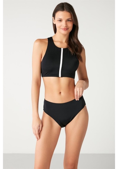 Kom Ritsle Düz Renk Fermuarlı Bikini Siyah