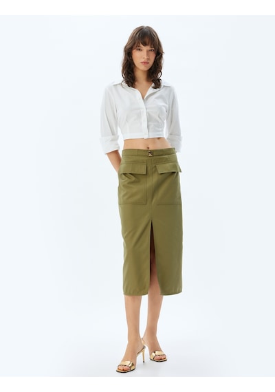 Koton Midi Boy Kalem Etek Yüksek Bel Kargo Cepli Önden Yırtmaç Detaylı Slim Fit Haki 5wak70036pw Haki