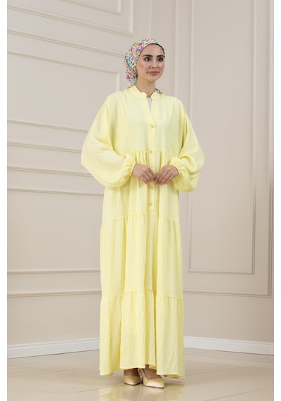 Sevitli Lilyum Kumaş Robalı Katya Elbise-sarı-5822
