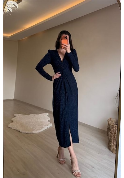 Neşeli Butik Kadın Mavi Bel Büzgü Detaylı Yırtmaçlı Midi Boy Abiye Elbise Nm027 Mavi