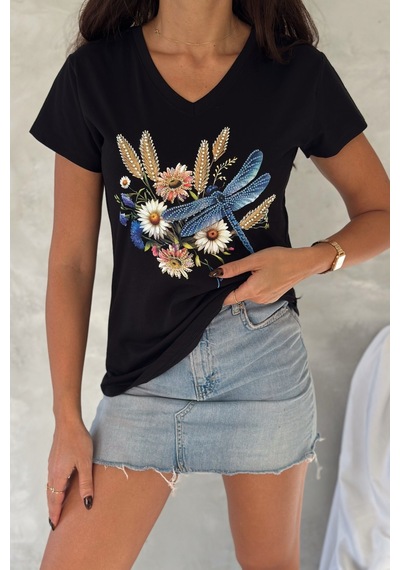 Femelle Kadın Siyah V Yaka Yusufçuk Desenli Pul Payet Boncuk İşlemeli %100 Pamuk T-shirt