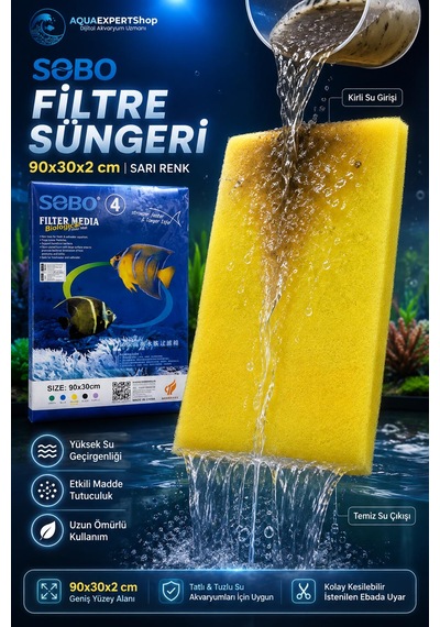 Sobo Akvaryum Filtre Süngeri 90x30x2 Cm - Üstün Temizlik Gücü Ve Yüksek Su Geçirgenliği - Sarı Renk