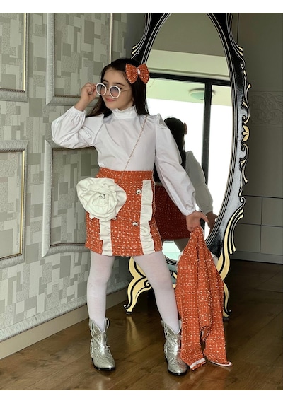 Miniğimin Cicileri Tüvit 5 Parça Ceketli Çantalı Kız Çocuk Takım - Turuncu