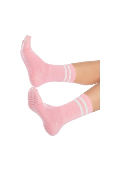 Saysez Bambu Kadın Kaydırmaz Taban Silikon Baskı Pilates Yoga Fitness Dans Aktivite Tenis Çorabı Pembe 3'lü Renkli
