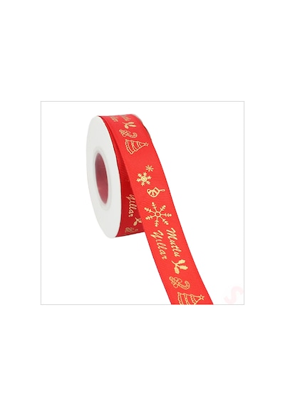 Yılbaşı Mutlu Yıllar Altın Baskılı Grogren Kurdele, 2,5cm X 23mt - Kırmızı 0 - 99