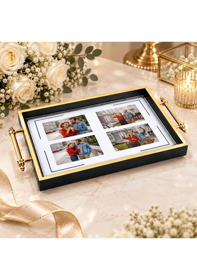 Bk Gift Kişiye Özel Fotoğraflı Siyah&gold Söz Nişan Tepsisi-1 - 39x23 Cm Çok Renkli