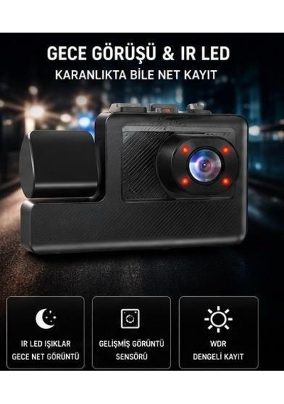 Bawerlink Bw-t111 3 Kanal Wifi Araç Kamerası 2.0" Ips Ekran Ön 1280x720p + İç + Arka Kamera Gece Görüşlü G-sensör